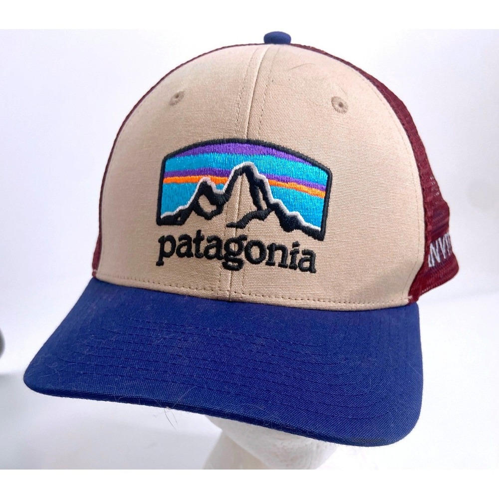 Patagonia P-6 Logo Trucker Hat Snapback Mesh Cap Tan Blue Red InvitedHome Logo
